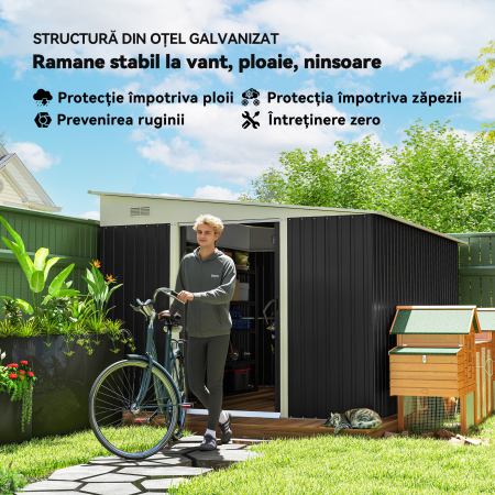 Magazie de Gradina  cu Usa Glisanta si Orificii de Aerisire, din Otel Galvanizat, 345x280.5x169-201 cm, Negru [4]