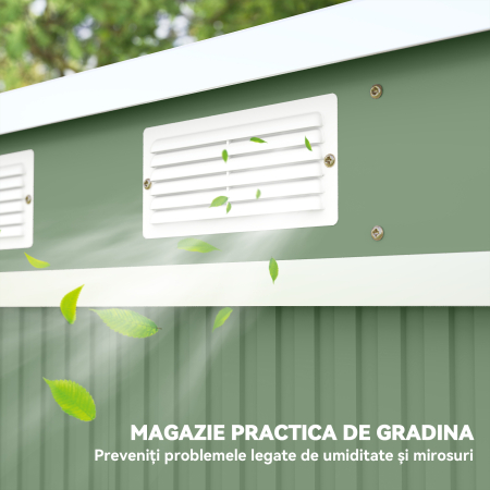  Magazie de gradina din otel cu acoperis inclinat, usa glisanta dubla si orificii de aerisire, 213x130x173 cm, verde [6]