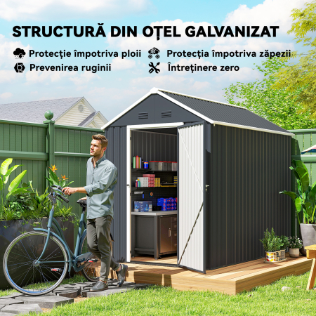  Magazie de Gradina din Otel Galvanizat si PP cu 4 Guri de Aerisire si Fereastra, 259x171x222 cm, Gri si Alb [3]