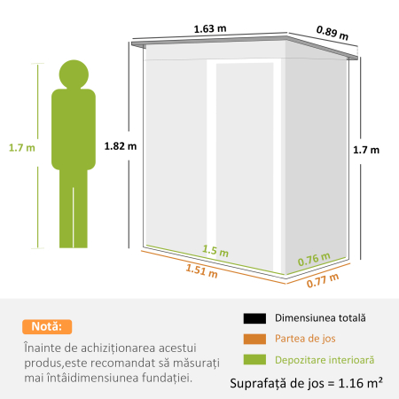  Magazie de Scule din Otel, 1 Usa Glisanta, Remiza de Gradina Neagra, Acoperis inclinat 163 x89 x182cm [2]