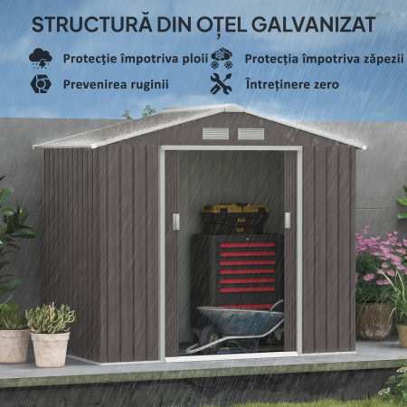 Magazie Gradina Metal cu Usi Glisante pentru Familie, 213x130x185 cm, Gri [4]