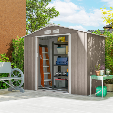  Magazie Gradina Metalica cu Orificii de Ventilatie si Usa Culisanta Dubla pentru Gradinarit si DIY, 213x130x185 cm, Maro [1]