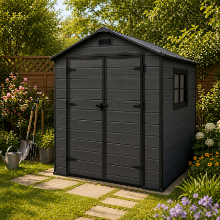 Magazie gradina pentru unelte, cu usa dubla si ventilatie, PVC imitatie lemn, 182x181x219 cm, negru [1]