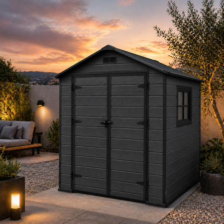 Magazie gradina pentru unelte, cu usa dubla si ventilatie, PVC imitatie lemn, 182x181x219 cm, negru [2]