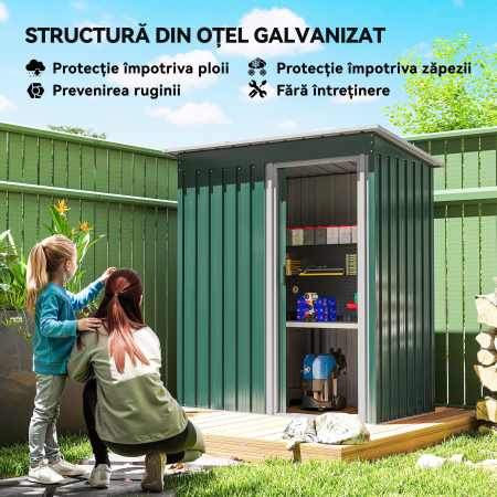  Magazie pentru Scule cu Acoperis inclinat si Usa Glisanta, din Otel Zincat, 163x89x182 cm, Verde [3]