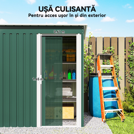  Magazie pentru Scule cu Acoperis inclinat si Usa Glisanta, din Otel Zincat, 163x89x182 cm, Verde [4]
