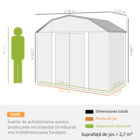  Magazie pentru unelte cu rafturi reglabile si 2 ferestre, din otel zincat, 238x132x198.5 cm, gri inchis [2]