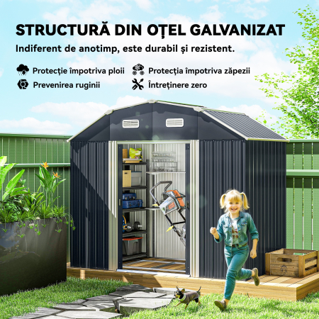  Magazie pentru unelte cu rafturi reglabile si 2 ferestre, din otel zincat, 238x132x198.5 cm, gri inchis [3]
