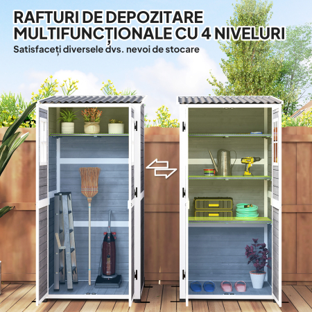  Magazie pentru Unelte de Gradina din Lemn de Brad cu 2 Ferestre si Rafturi Reglabile, 91x69x192cm, Gri Deschis [4]