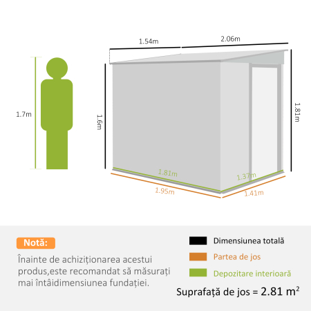  Magazie pentru Unelte din Metal 1.5x2m cu Fundatie, Usa Glisanta si Acoperis inclinat, Gri inchis [2]