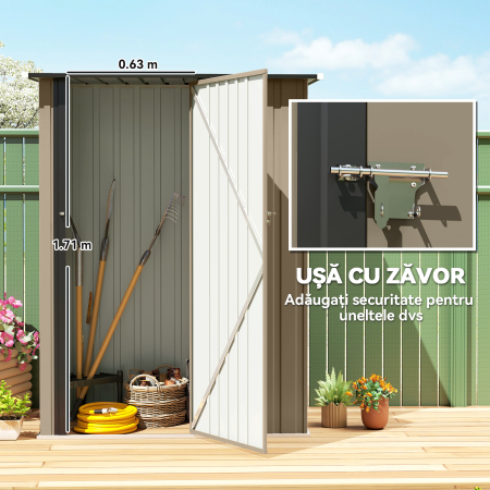  Magazie pentru Unelte din Metal cu Acoperis inclinat si Usa Blocabila, 142x86x189 cm, Maro [4]
