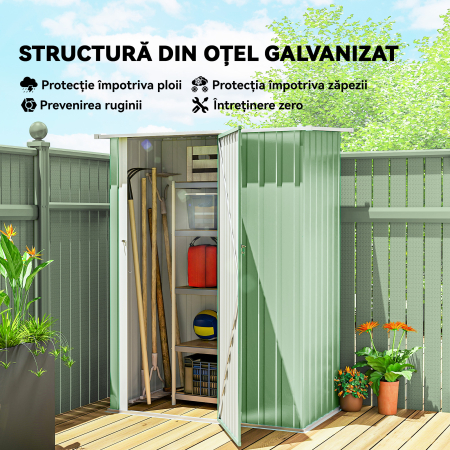  Magazie pentru unelte din metal cu acoperis inclinat si usa cu incuietoare, 142x86x189 cm, verde deschis [3]