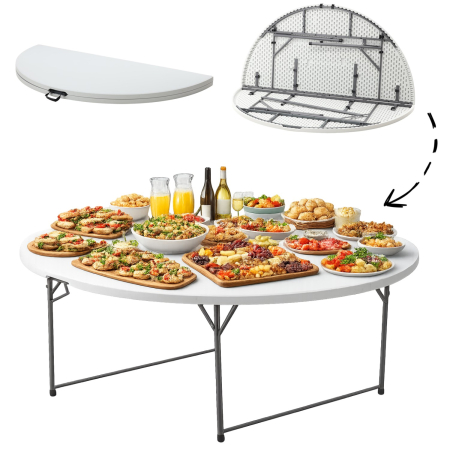 Masa catering rotunda pentru evenimente, pliabila, diametru 180 cm, HDPE, cadru metalic, alb [7]