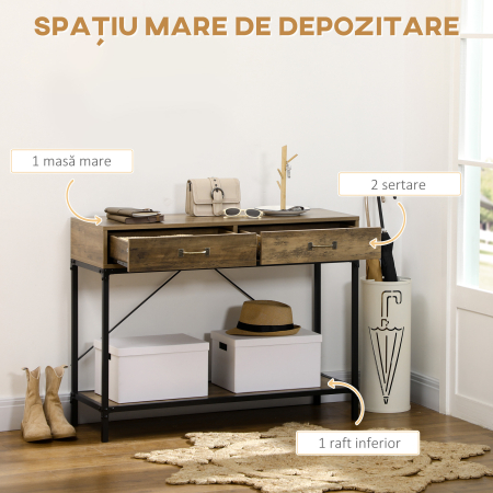  Masa Consola Vintage - Lemn & Metal cu Sertare & Raft [3]