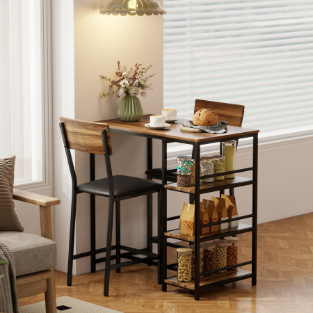  Masa de bar cu 3 rafturi si 2 scaune cu suport pentru picioare si spatar, din lemn si otel, negru si culoare nuc [7]
