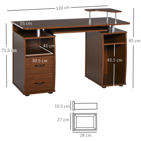  Masa de Birou Moderna cu Suport pentru Computer, Sertare, Polita Extensibila si Suport pentru Tastatura, 120x55x85 cm, Maro [2]