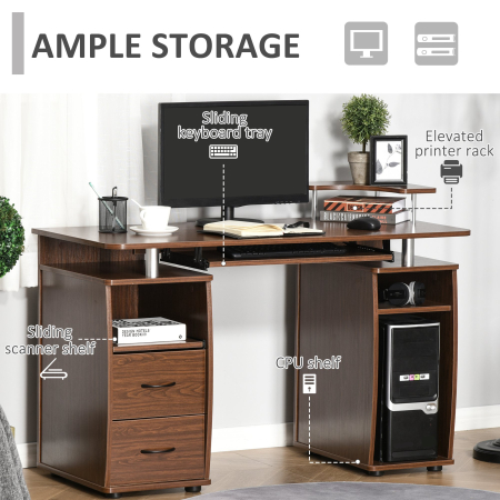  Masa de Birou Moderna cu Suport pentru Computer, Sertare, Polita Extensibila si Suport pentru Tastatura, 120x55x85 cm, Maro [5]
