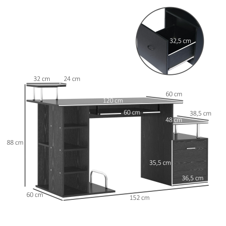  Masa de Birou pentru Calculator, Moderna, Masa de Birou PC cu Etajera Culisanta pentru Tastatura, 152 x 60 x 88 cm, Neagra [2]