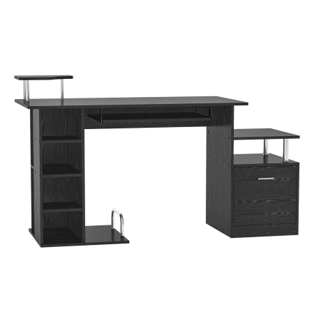 Birouri -  Masa de Birou pentru Calculator, Moderna, Masa de Birou PC cu Etajera Culisanta pentru Tastatura, 152 x 60 x 88 cm, Neagra