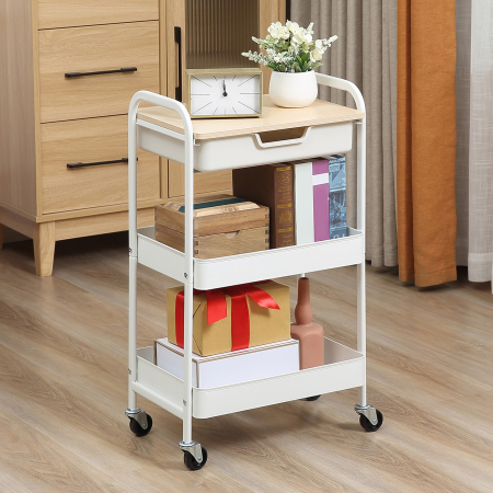  Masa de bucatarie carucior de servire 2 rafturi sertar tava aspect de lemn deschis otel PP alb [1]