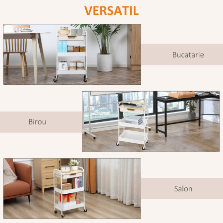  Masa de bucatarie carucior de servire 2 rafturi sertar tava aspect de lemn deschis otel PP alb [6]