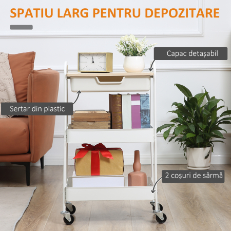  Masa de bucatarie carucior de servire 2 rafturi sertar tava aspect de lemn deschis otel PP alb [3]