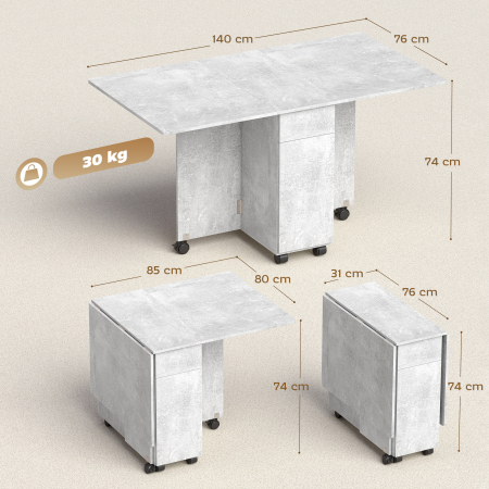  Masa de Bucatarie Pliabila pe Roti cu 2 Sertare, 2 Usi si Dulap, din Lemn, 140x76x74 cm, Gri Ciment [2]