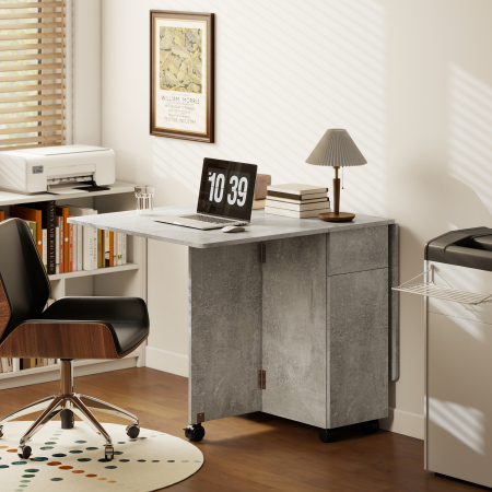  Masa de Bucatarie Pliabila pe Roti cu 2 Sertare, 2 Usi si Dulap, din Lemn, 140x76x74 cm, Gri Ciment [7]