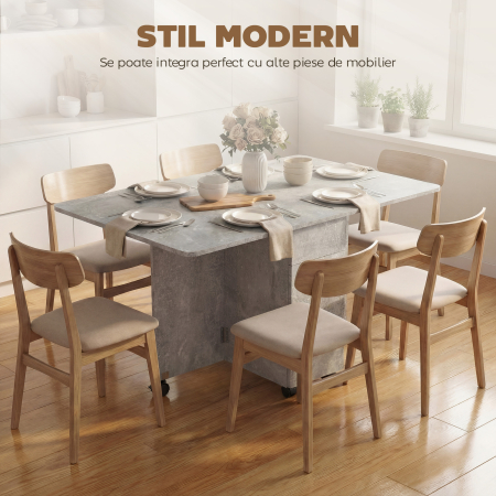  Masa de Bucatarie Pliabila pe Roti cu 2 Sertare, 2 Usi si Dulap, din Lemn, 140x76x74 cm, Gri Ciment [3]