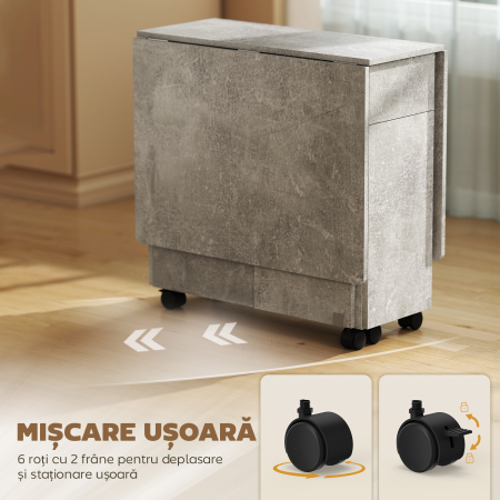  Masa de Bucatarie Pliabila pe Roti cu 2 Sertare, 2 Usi si Dulap, din Lemn, 140x76x74 cm, Gri Ciment [6]