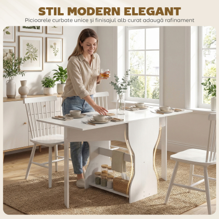  Masa de Bucatarie Pliabila pentru 4 Persoane cu Raft, din Lemn, 160x60x75 cm, Alb [4]