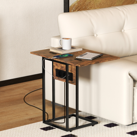 Masa de cafea extensibila in forma de C cu 2 statii de incarcare, din lemn si metal, 39x29x57 cm, negru si maro [1]