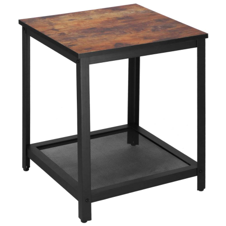 Mobila dormitor - Masa de cafea patrata, noptiera cu cadru otel si polita de depozitare, 45x45x55 cm, maro rustic