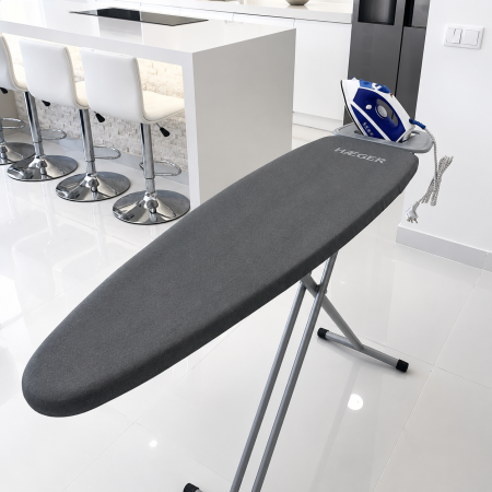Masa de calcat HAEGER HOME, Inaltime reglabila la 90cm, suprafata de lucru 116x35 cm, blat plasa metalica, suport pentru fierul de calcat, husa bumbac, Gri [2]