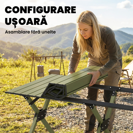  Masa de Camping Pliabila 116 cm, Masa de Picnic Rezistenta la Apa cu Suprafata Rulabila si Cadru Metalic, Verde [5]