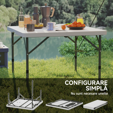 Masa de Camping Pliabila cu 2 inaltimi Reglabile, din HDPE si Metal, 86x86x74 cm, Alb [6]
