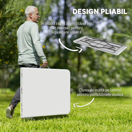  Masa de Camping Pliabila cu Maner, Cadru Metalic si Blat din Plastic, 180x74x74 cm, Alb [3]