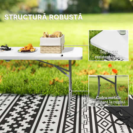  Masa de Camping Pliabila cu Maner, Cadru Metalic si Blat din Plastic, 180x74x74 cm, Alb [4]