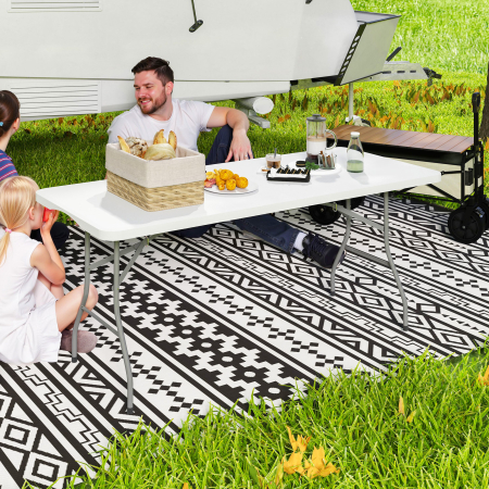  Masa de Camping Pliabila cu Maner, Cadru Metalic si Blat din Plastic, 180x74x74 cm, Alb [1]