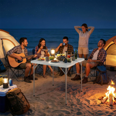  Masa de Camping Pliabila Patrata, din Metal si HDPE, 86x86x74 cm, Alb [8]