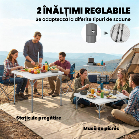  Masa de Camping Pliabila Patrata, din Metal si HDPE, 86x86x74 cm, Alb [5]