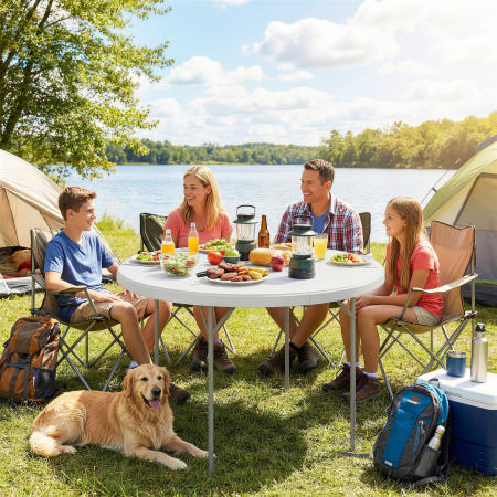  Masa de Camping Rotunda Pliabila, din Metal si HDPE, 120x120x74 cm, Alb [1]