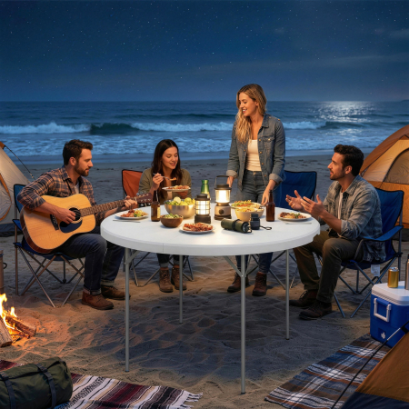  Masa de Camping Rotunda Pliabila, din Metal si HDPE, 120x120x74 cm, Alb [8]