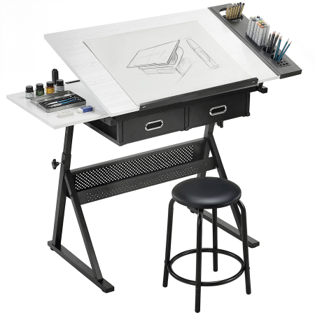  Masa de desen cu taburet si 2 sertare, inaltime reglabila, blat inclinabil 0° à 60°, 120 x 60 x 68-92 cm, alb [5]