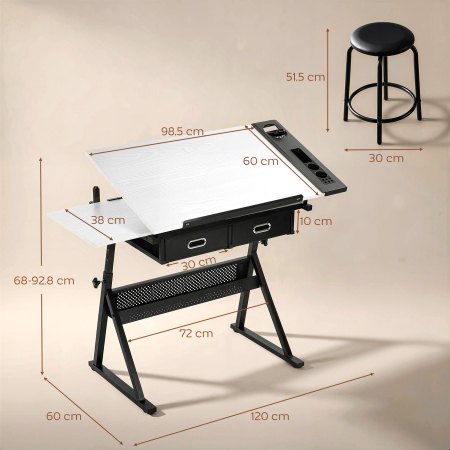  Masa de desen cu taburet si 2 sertare, inaltime reglabila, blat inclinabil 0° à 60°, 120 x 60 x 68-92 cm, alb [2]