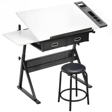 Dormitor & birou -  Masa de desen cu taburet si 2 sertare, inaltime reglabila, blat inclinabil 0° à 60°, 120 x 60 x 68-92 cm, alb