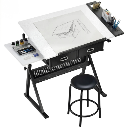  Masa de desen cu taburet si 2 sertare, inaltime reglabila, blat inclinabil 0° à 60°, 120 x 60 x 68-92 cm, alb [4]