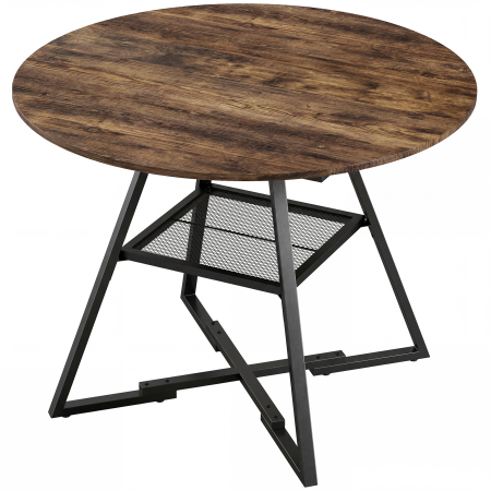 Bucatarie -  Masa de dining 4 locuri, 100 cm rotunda, bucatarie industriala, polita de depozitare, maro rustic.