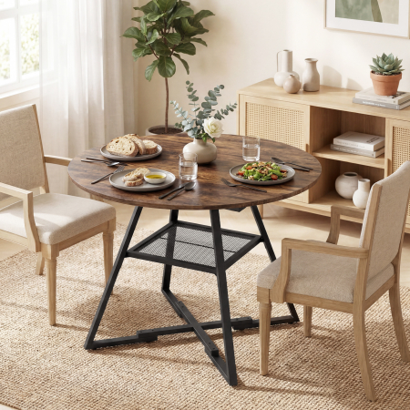 Masa de dining 4 locuri, 100 cm rotunda, bucatarie industriala, polita de depozitare, maro rustic. [7]