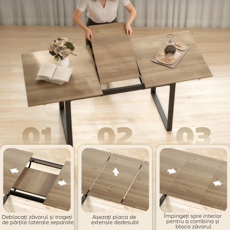  Masa de Dining Extensibila pentru 6-8 Persoane cu Panouri Ascunse, Masa Extensibila Dreptunghiulara cu Baza din Otel, Stil Industrial, pentru Sufragerie, Culoare Lemn [4]